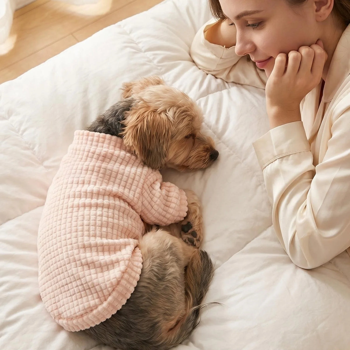 A golden retriever puppy is lying on a white blanket wearing a pink waffle knit dog sweater.