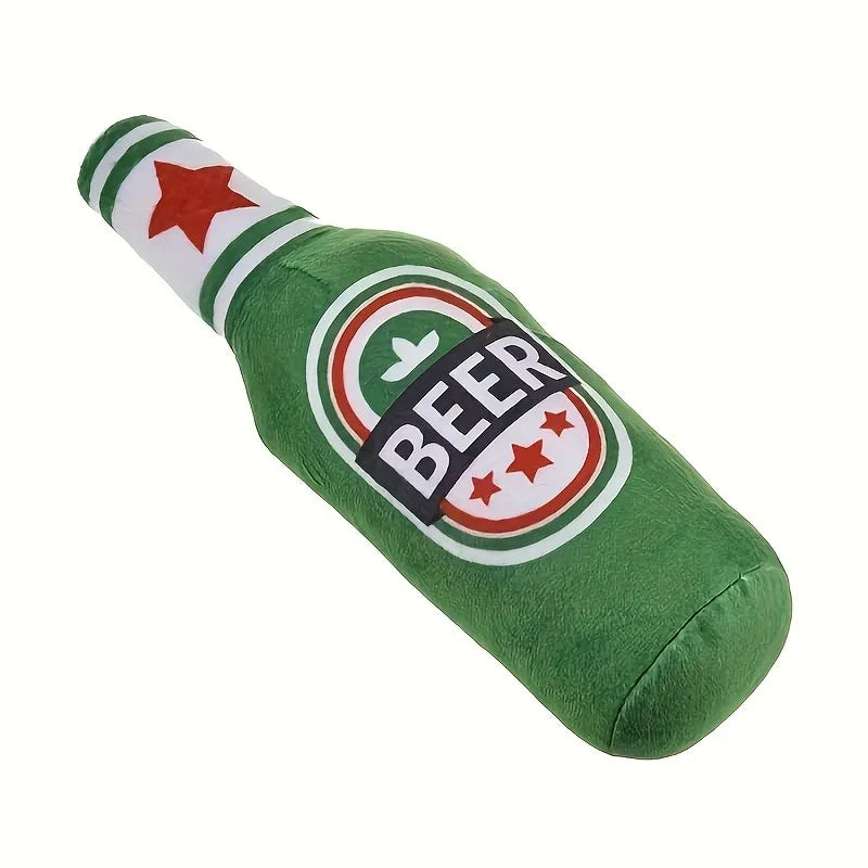 A green squeeze toy shaped like a beer bottle with a red star design.