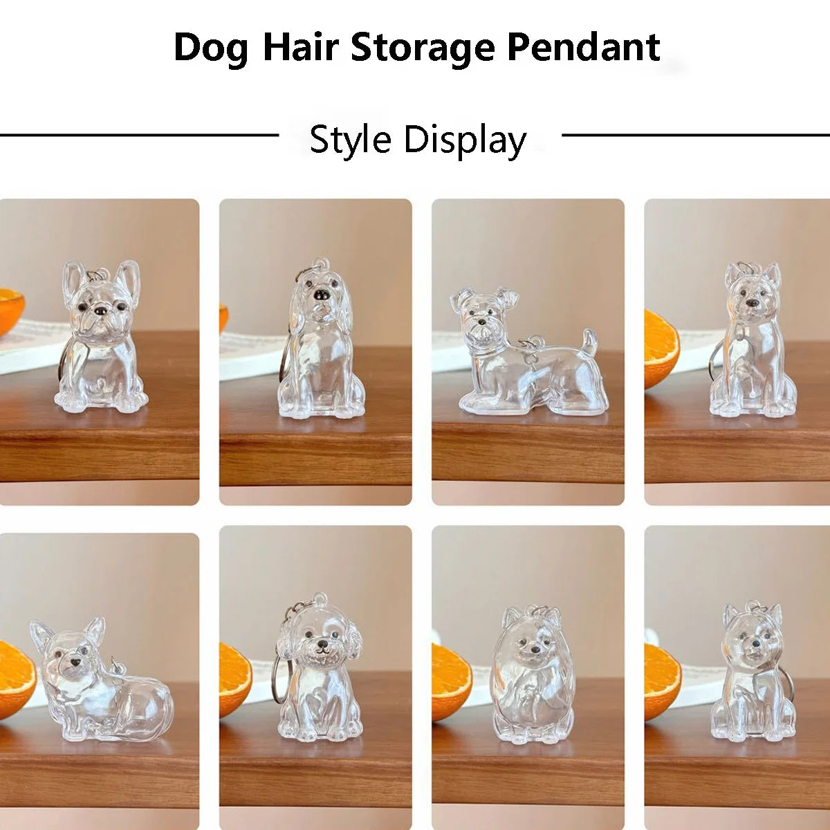 A display of various clear pet hair storage pendants featuring dog designs.