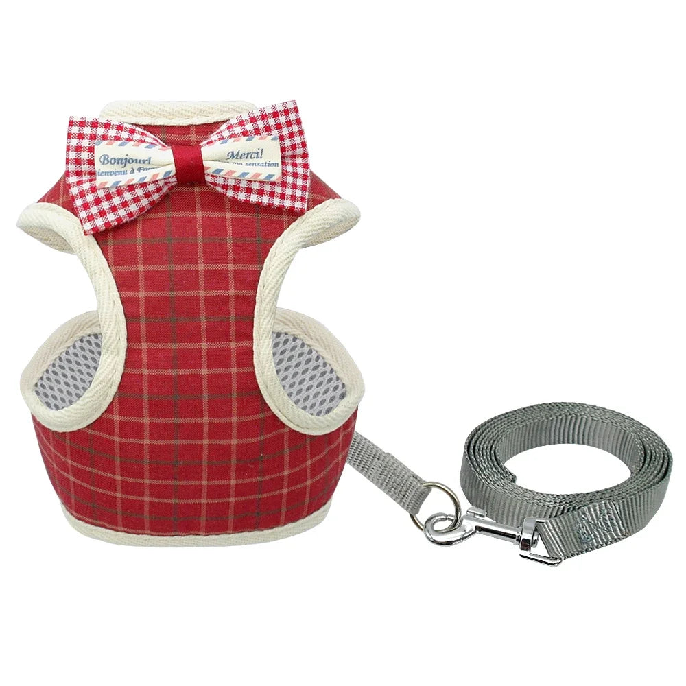 Red plaid bowknot cat harness vest with white mesh and silver metal leash and clip