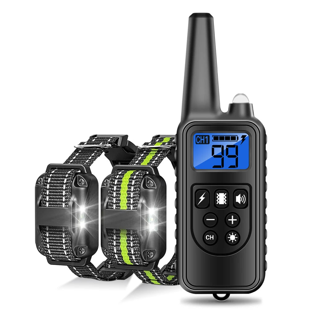 A black waterproof remote dog training collar with a transmitter and strap is shown.
