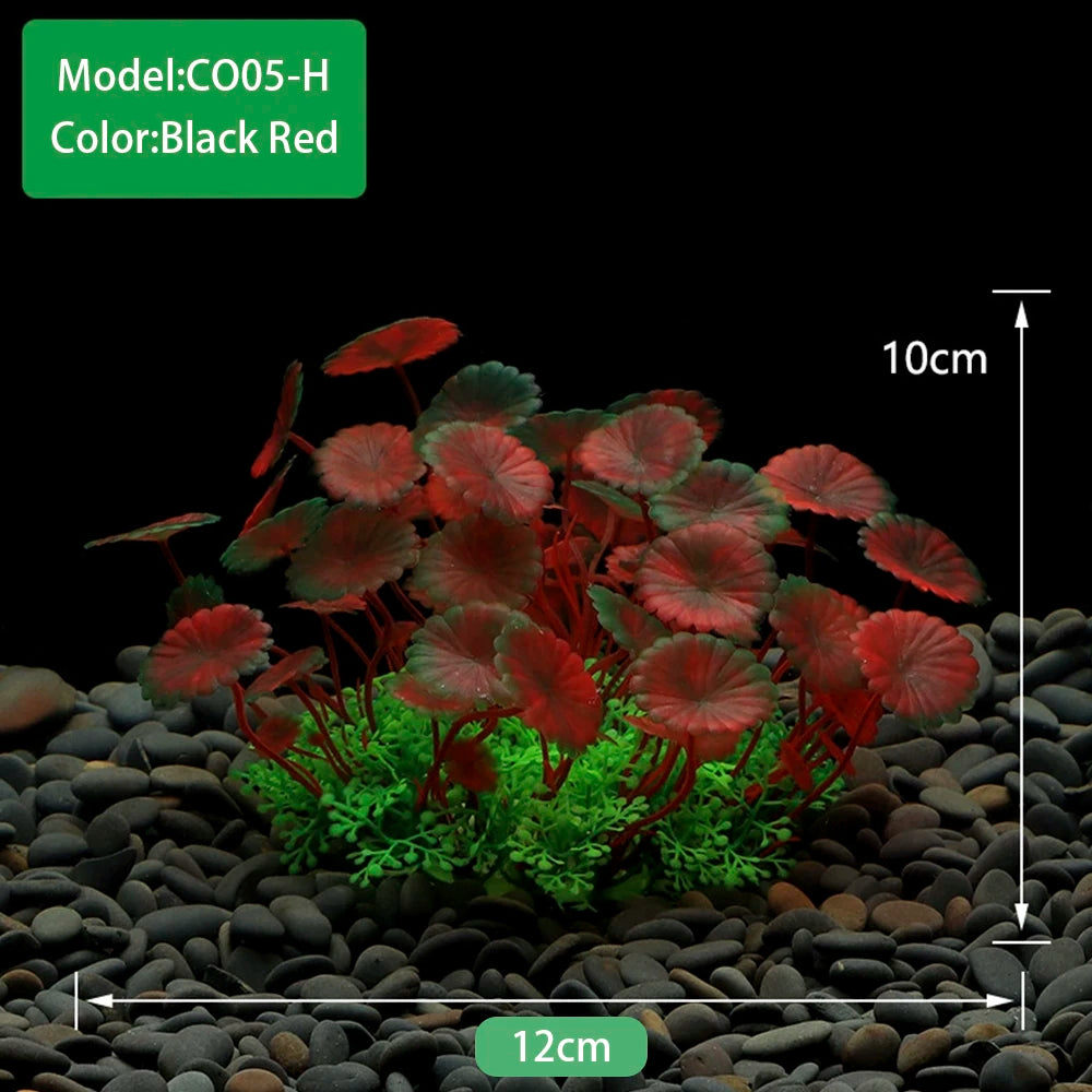 Gros plan de plantes aquatiques artificielles CO05-H noires et rouges plantées dans du gravier foncé.