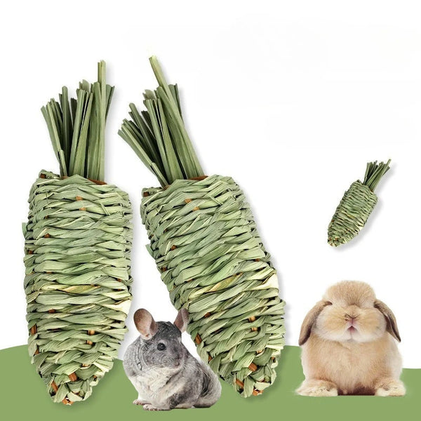 A bundle of natural grass chew toys next to a fluffy light brown rabbit.