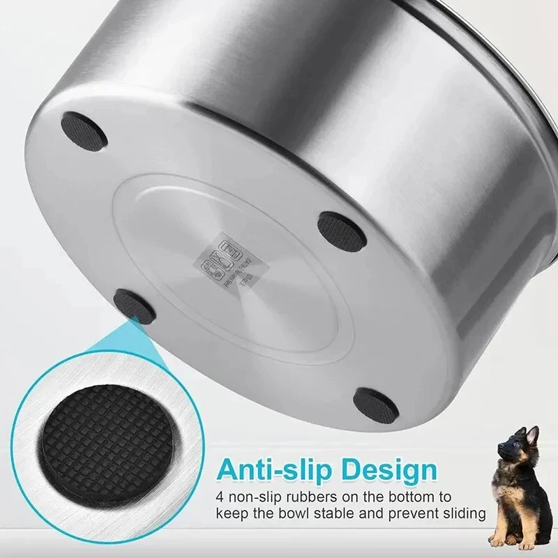 Close-up view of a stainless steel dog water bowl showing an anti-slip design with rubber feet on the bottom.