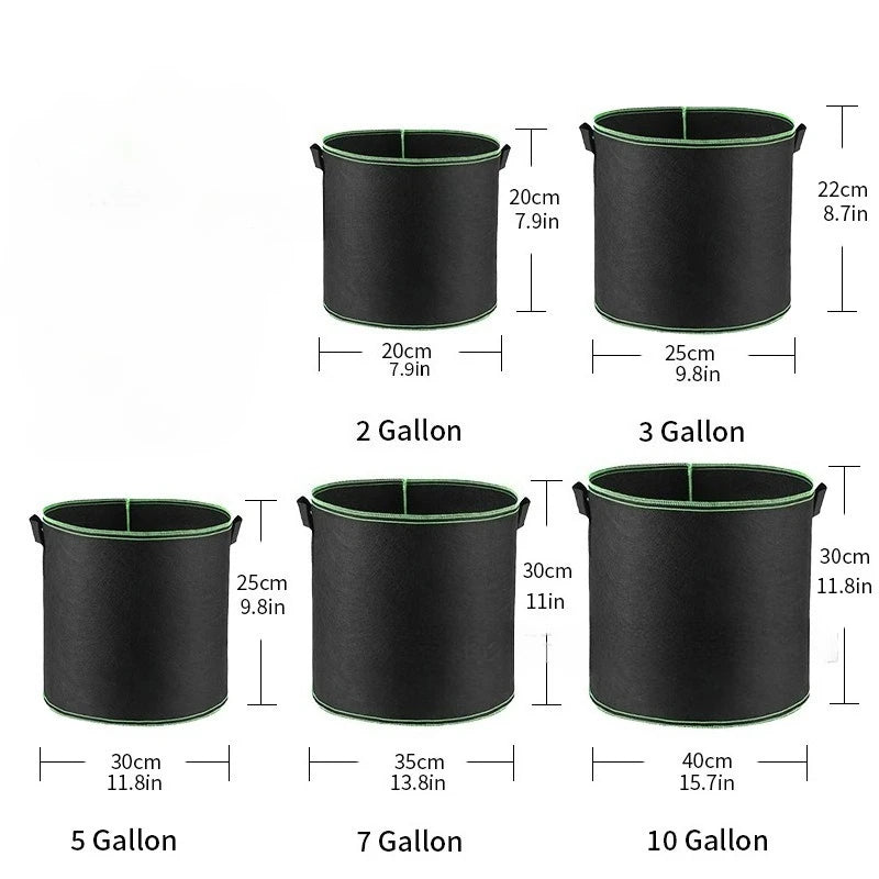 A set of black non-woven aeration grow bags with handles, shown in various gallon sizes from 2 to 10 gallons.