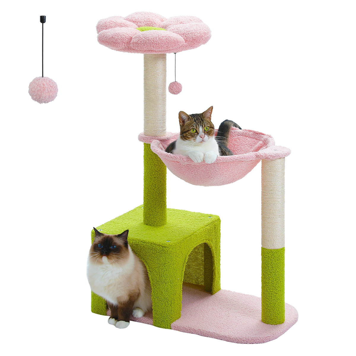 A pink and lime green decorative cat tree with sisal scratching posts and a flower-shaped perch.