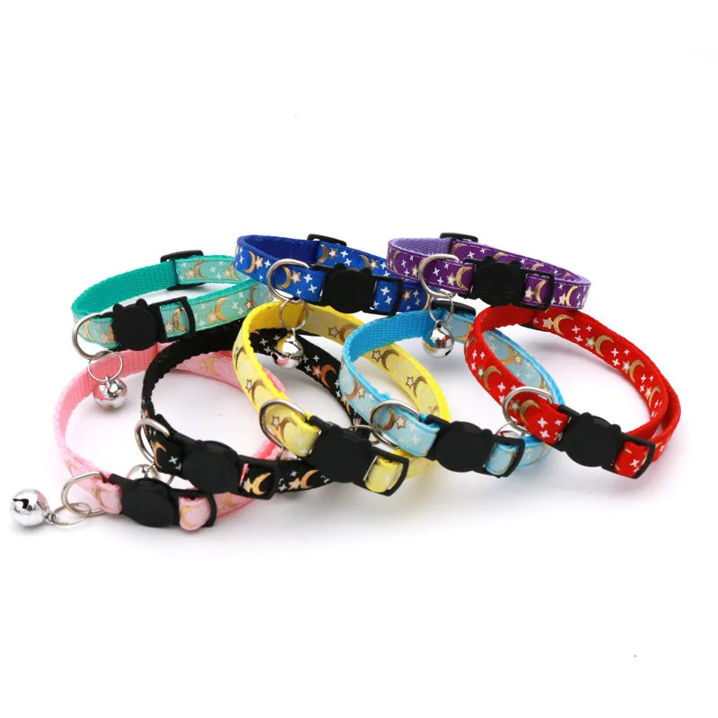 A collection of colorful adjustable pet collars and necklaces in various colors like blue, green, purple, yellow, and pink.
