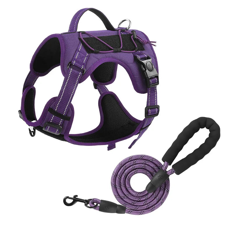 A purple tactical dog harness with black straps and reflective trim is shown alongside its coiled leash.