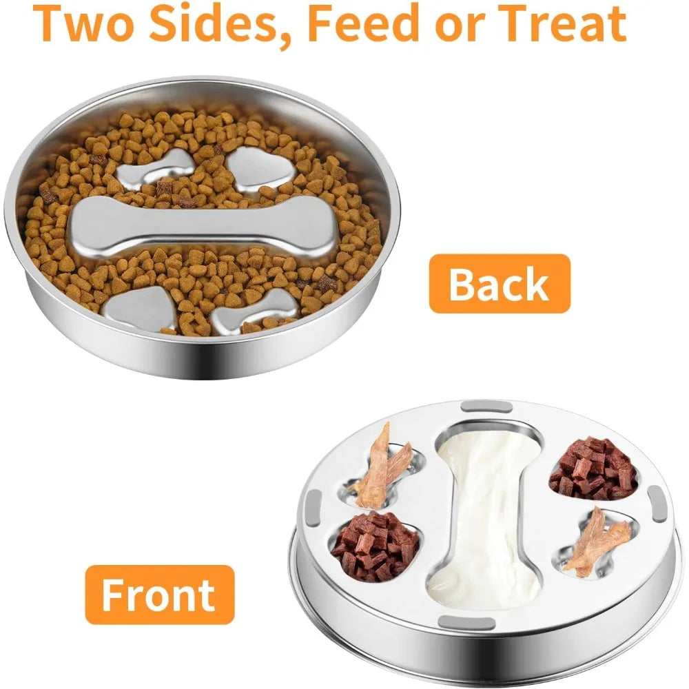 Stainless steel slow feeder dog bowl showing the feed side and treat side.