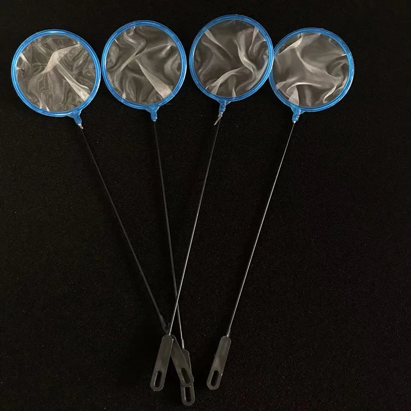 Four fine mesh aquarium landing nets with blue rims and stainless steel handles displayed against a black background.