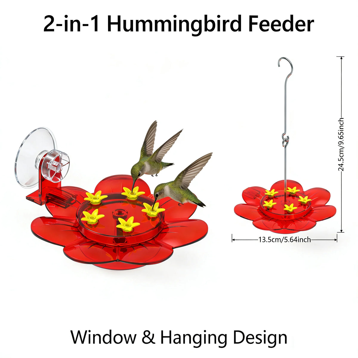 2-in-1 Hummingbird Feeder with Suction Cup & Hanging Design