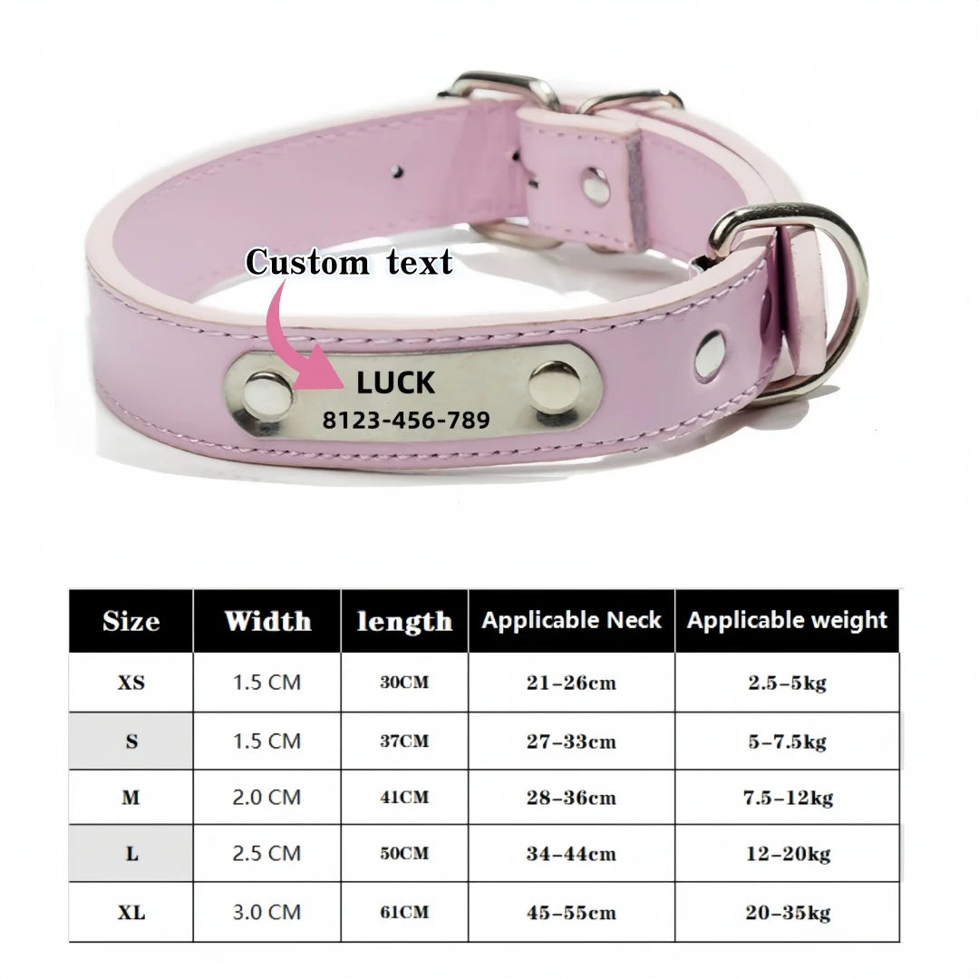 A pink PU leather dog collar with a silver buckle and a custom engraved nameplate that reads LUCK.