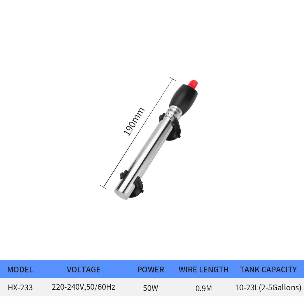 Stainless steel aquarium heater with auto temperature control featuring a black handle and 190mm length.