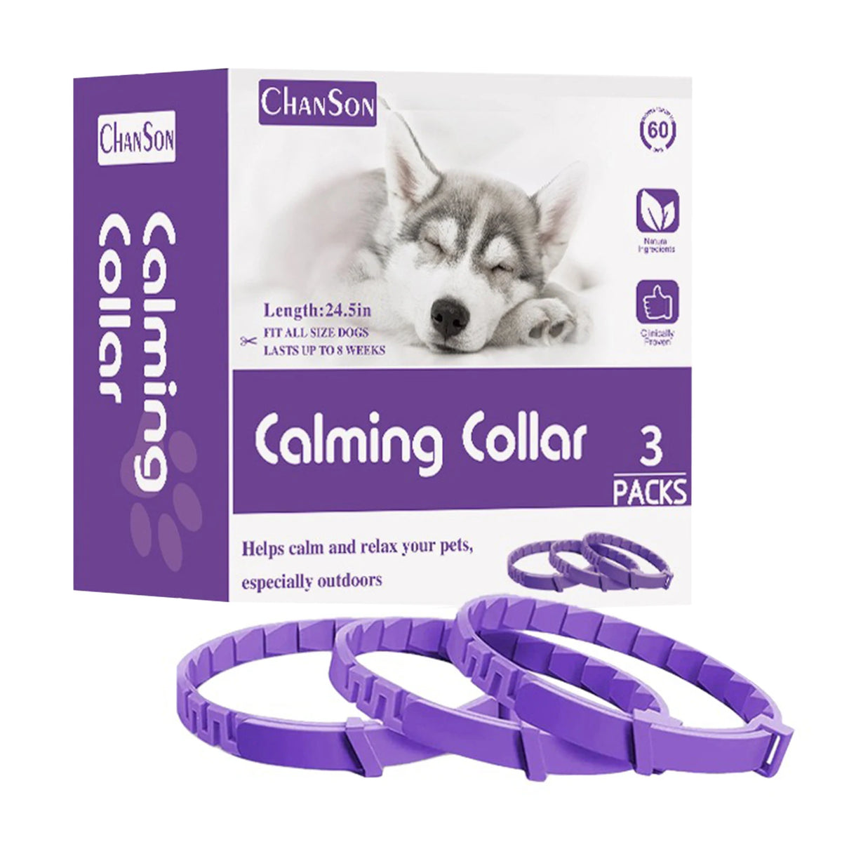Three purple calming pheromone collars for dogs shown next to their packaging box.