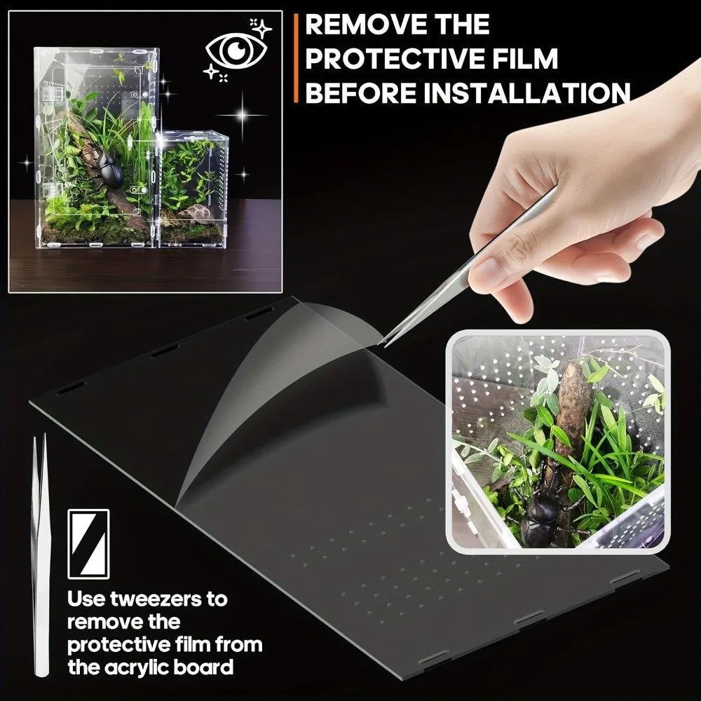 A hand uses tweezers to remove the protective film from a clear acrylic reptile terrarium before installation.
