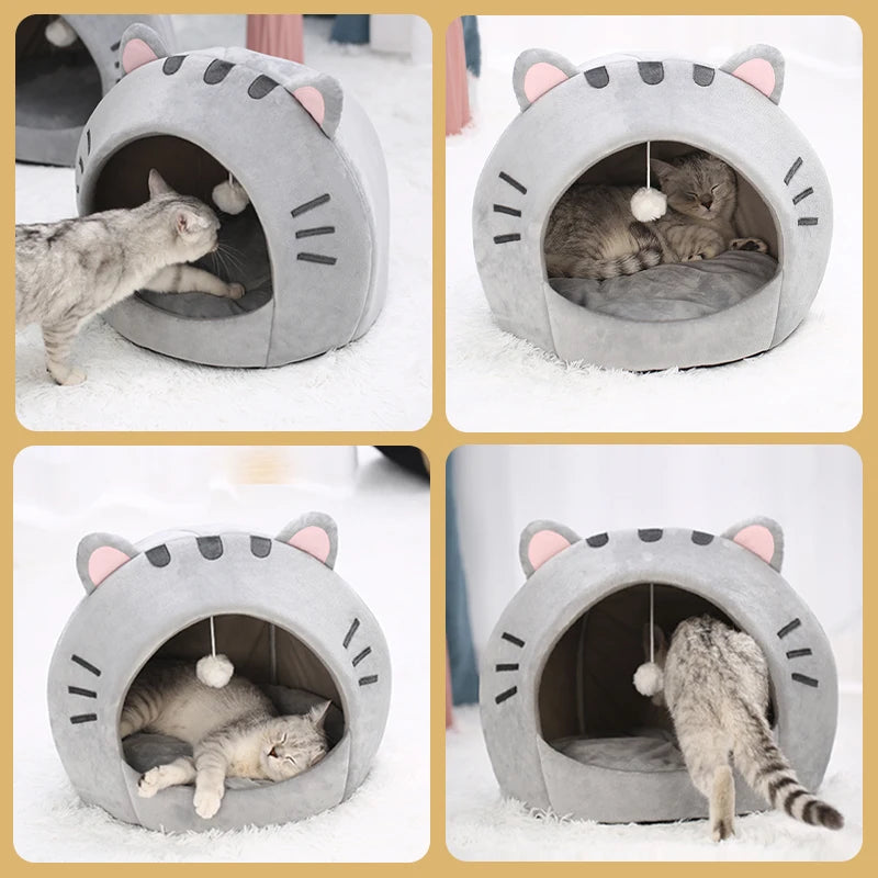Warm Cat Bed Cave with Cushion and Pet House