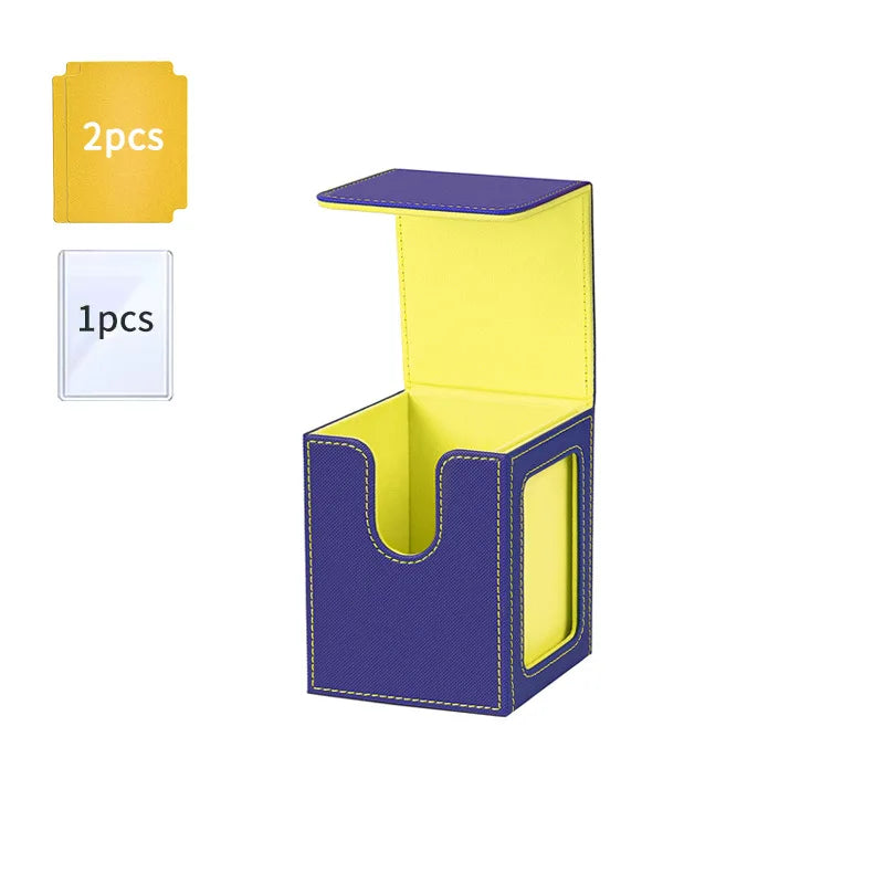 A purple and yellow PU leather magnetic card deck box with a display window, shown next to two yellow card holders.