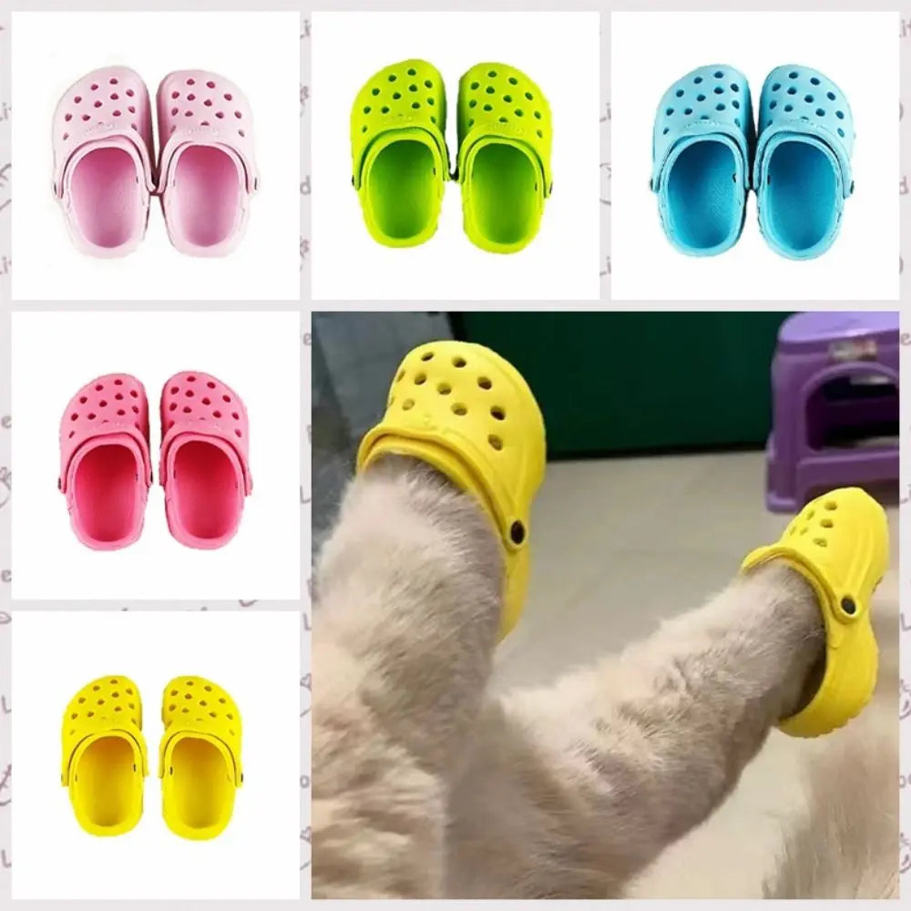 A set of colorful non-slip pet sandals for dogs in pink, lime green, and blue colors.
