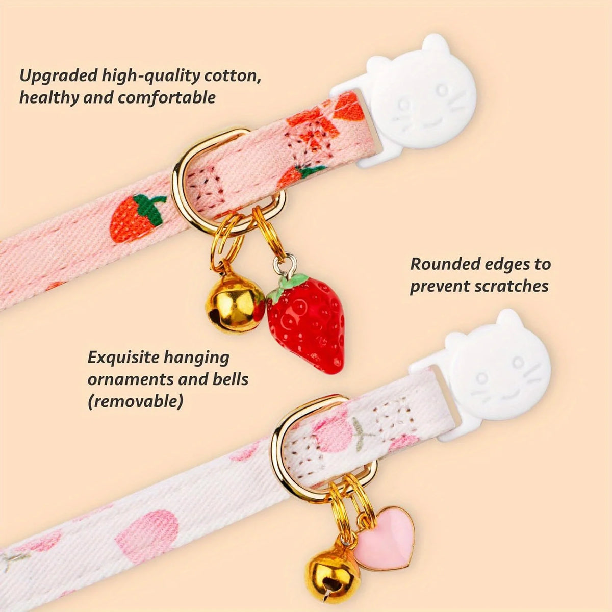 Pink strawberry and white heart cotton cat collar with safety buckle and hanging ornaments