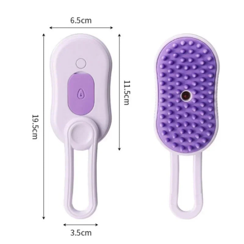 A purple and white 3-in-1 self-cleaning cat grooming brush with soft massage bristles shown in a vertical layout.