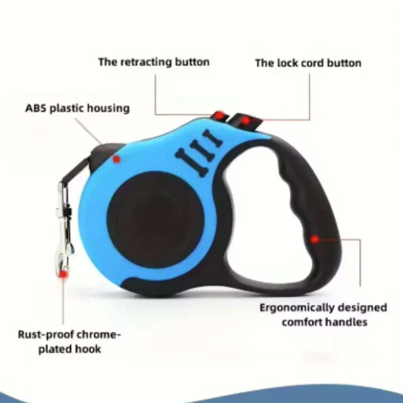 A blue automatic retractable dog leash with a black housing and ergonomic handles.