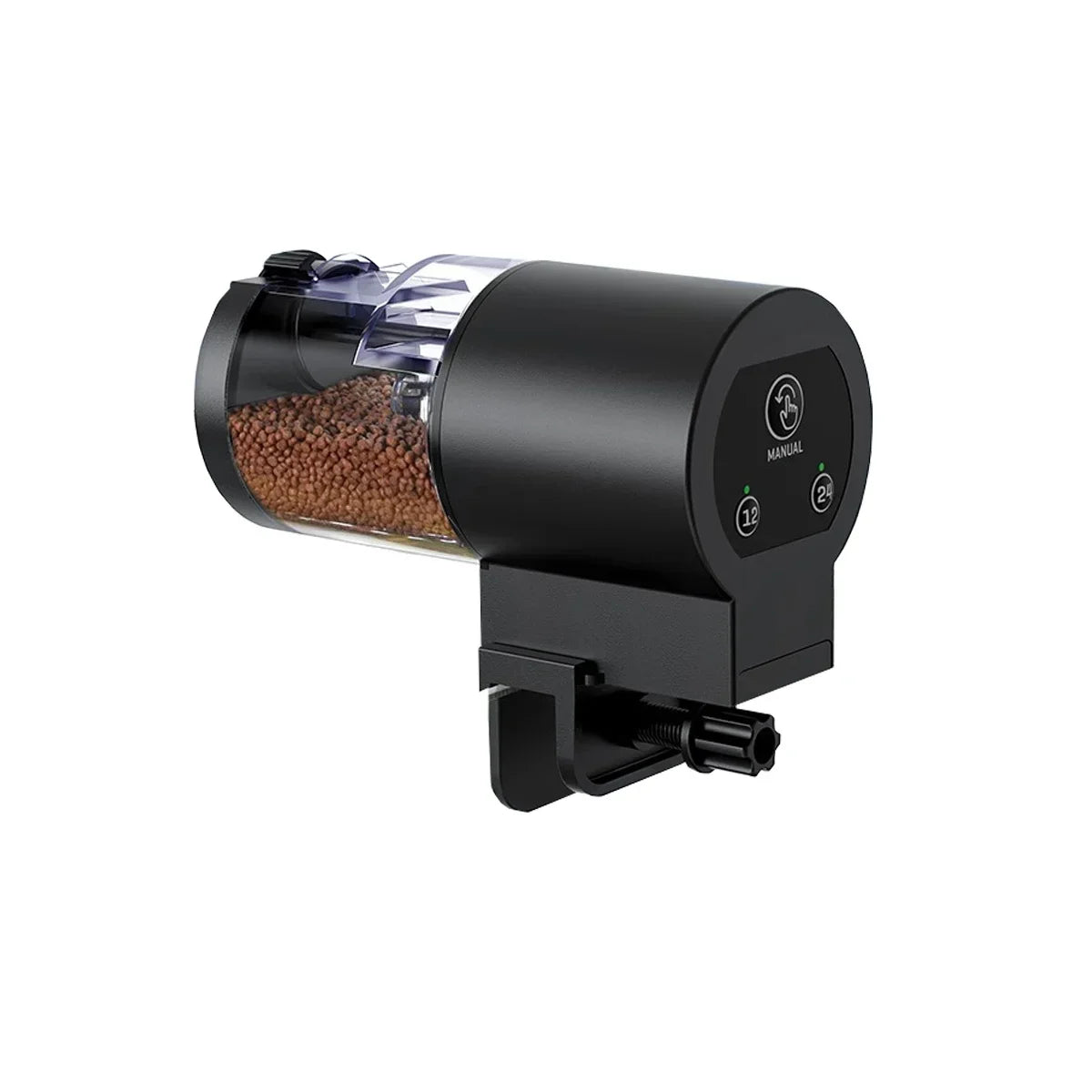 Comedero automático para acuario negro con bandeja transparente y pantalla digital.