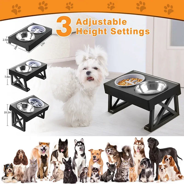 A black adjustable height elevated dog bowl stand with multiple height settings shown next to a white dog.