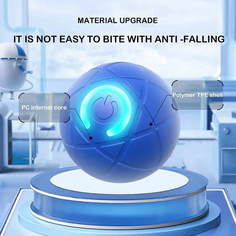 A blue spherical toy ball with a translucent polymer shell is displayed on a stand, highlighting its material upgrade feature
