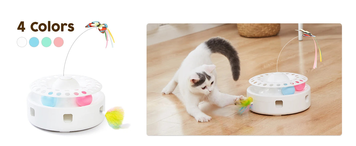 A white interactive cat toy with colorful attachments is shown next to a kitten playing with it on a wooden floor.