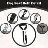 Detail view of a black dog seat belt showing various components like buckles and leash attachments