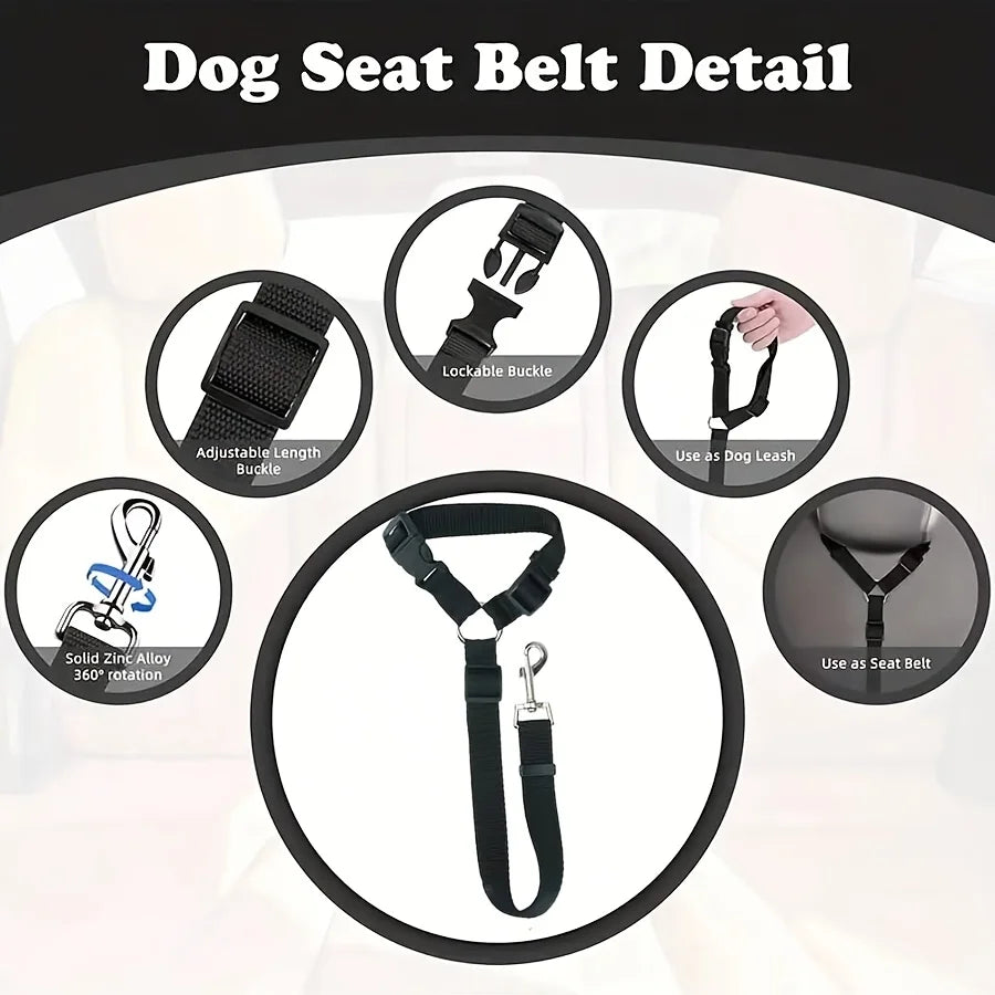 Detail view of a black dog seat belt showing various components like buckles and leash attachments