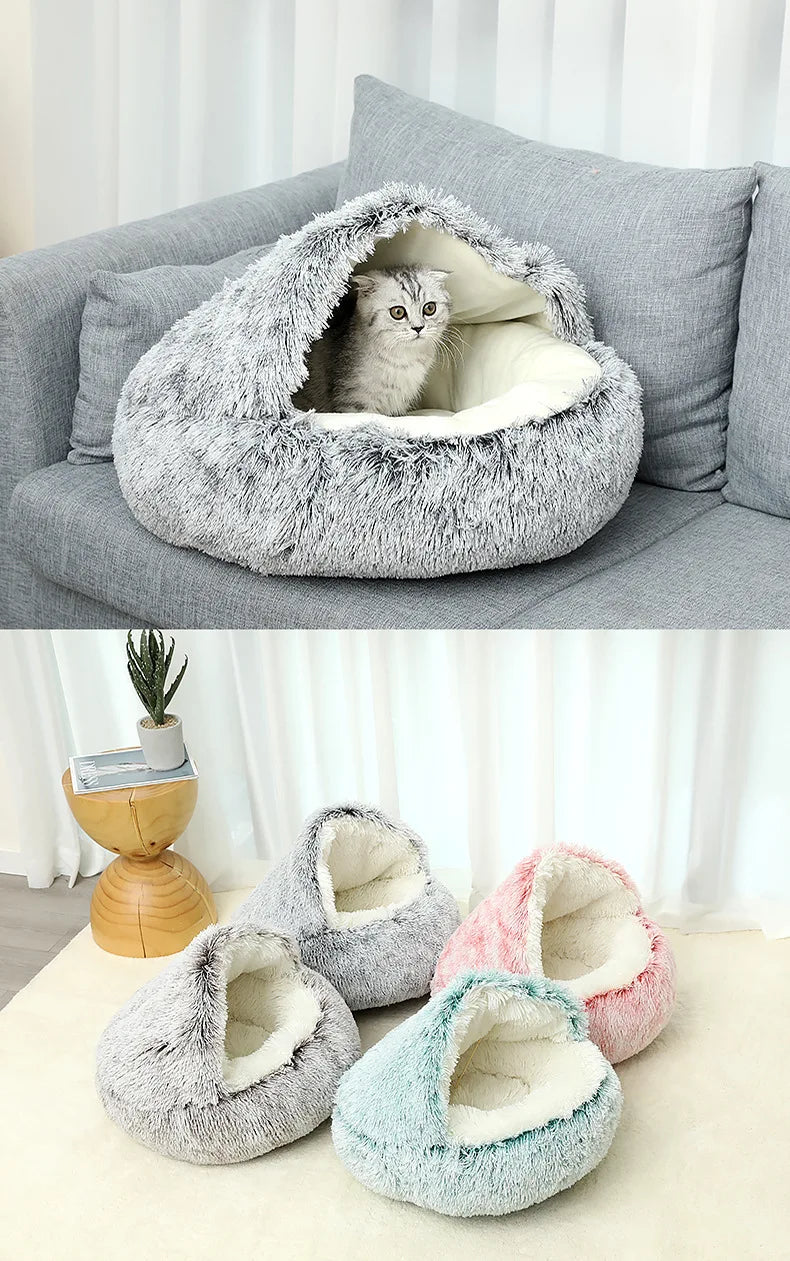 Winter Plush Round Cat Bed 2-in-1 Warm Cat House
