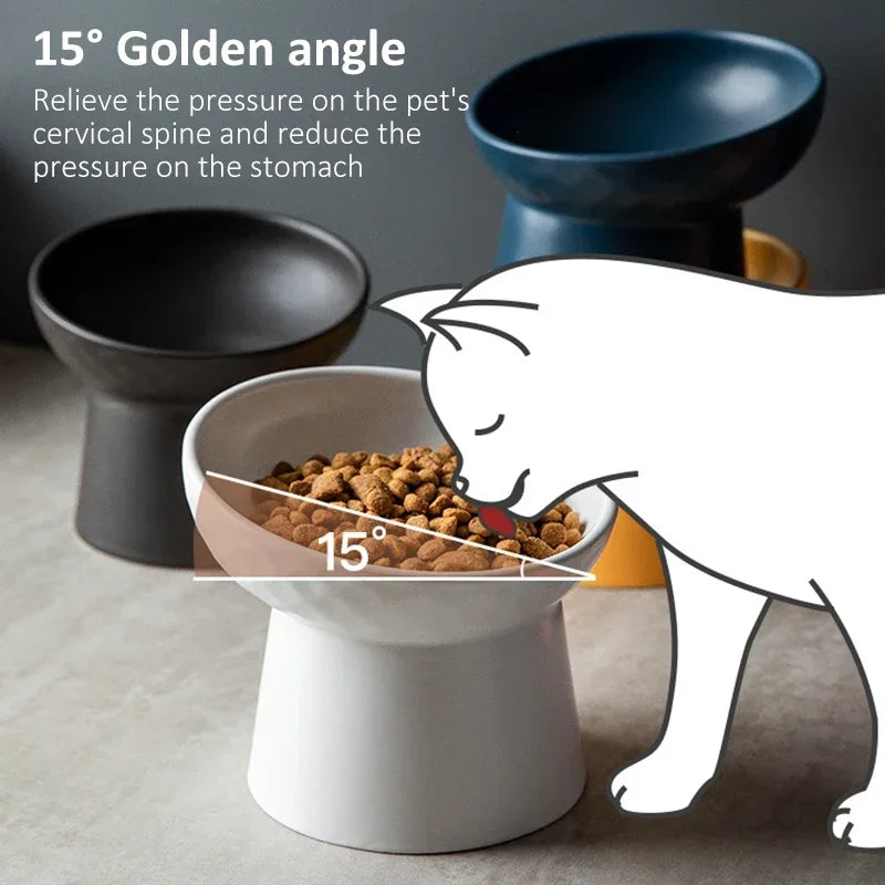A white ceramic food bowl is shown with a 15 degree golden angle, illustrating relief for the pet's spine and stomach pressur