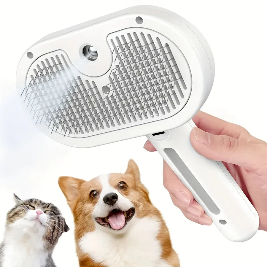 A hand holds a white steam pet hair remover tool with stainless bristles above a cat and a dog.