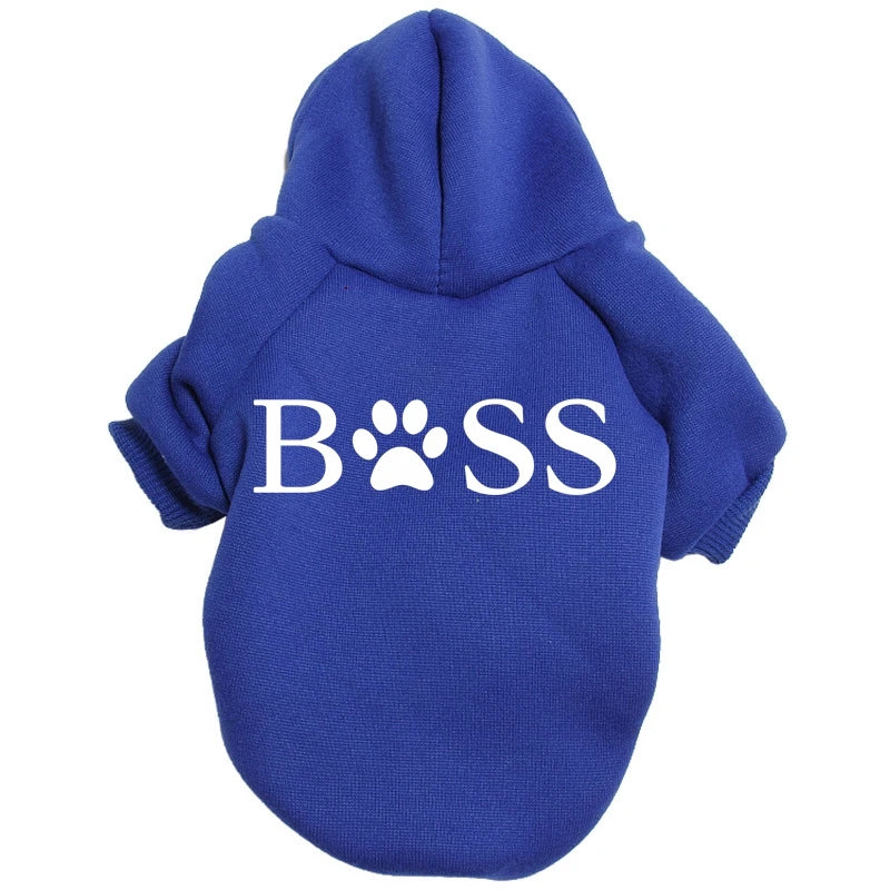 A royal blue fleece hoodie with a large white BOSS paw print logo on the chest.