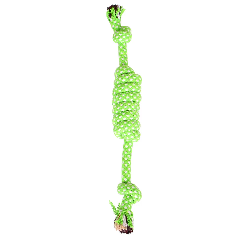 A green cotton rope dog toy with a knotted end for dental health and interactive play.