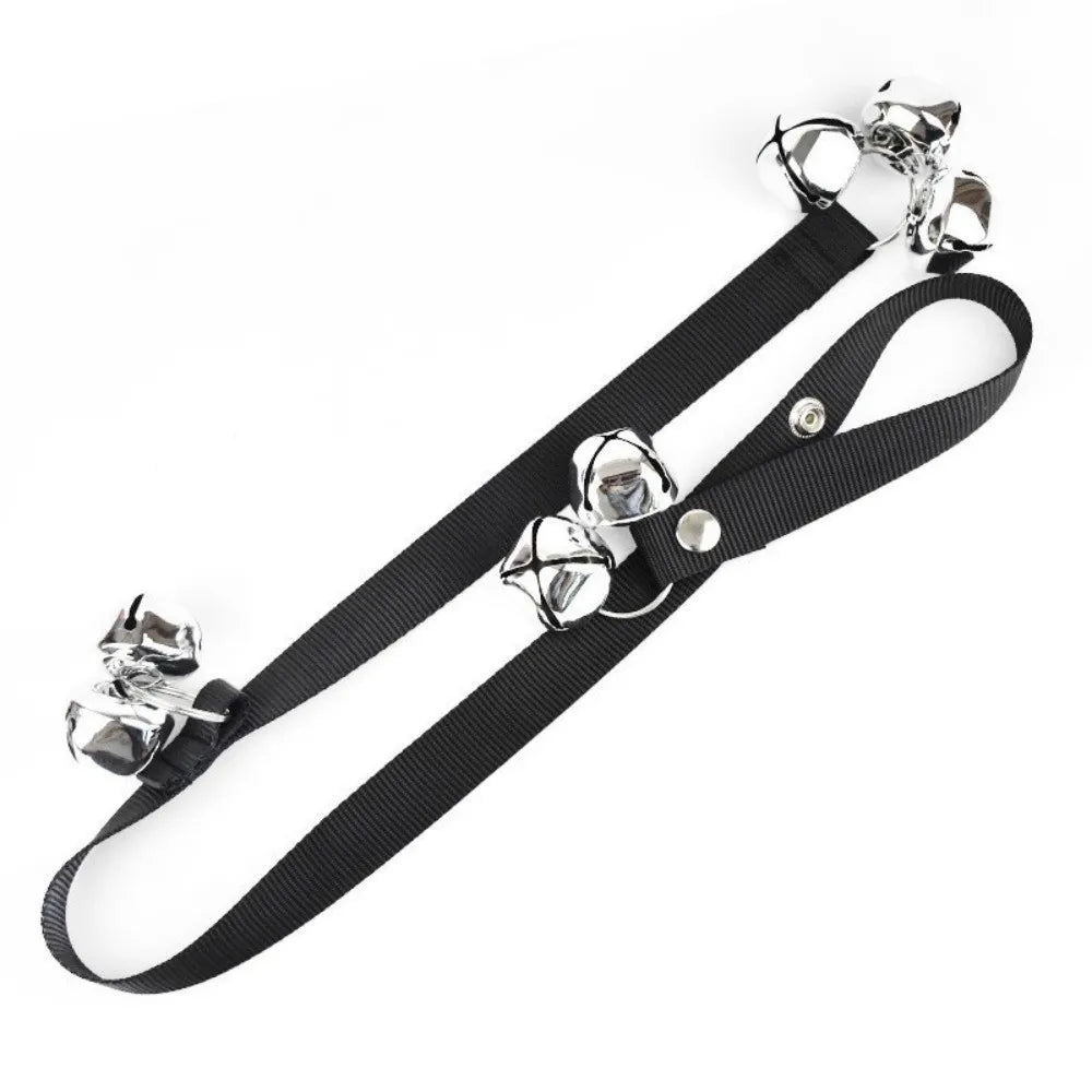 Black adjustable dog doorbell with metal bells and strap for potty training