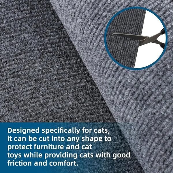 Close-up view of a gray self-adhesive cat scratch pad designed to protect furniture and provide comfort for cats.