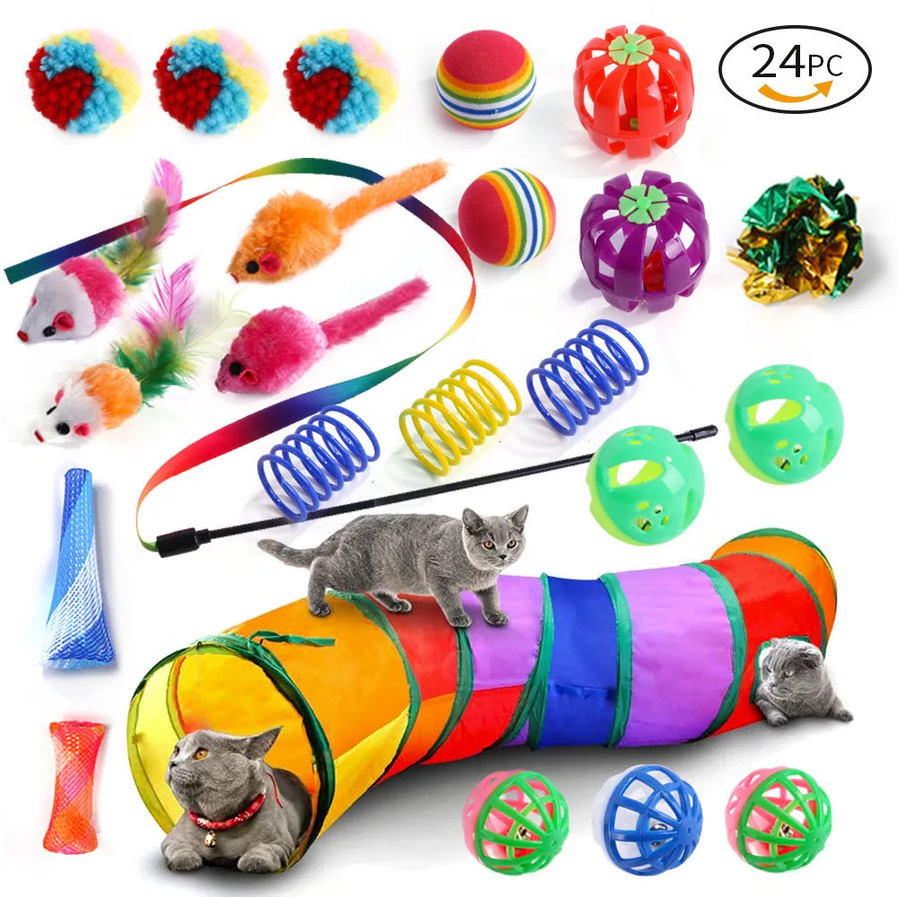 A variety of 20-piece kitten toys including balls, feathers, and a long wand toy.