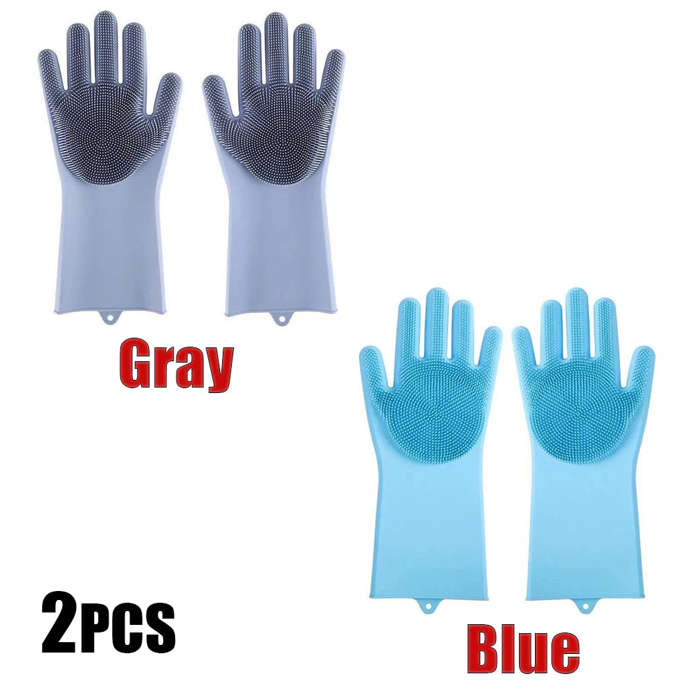 Two pairs of silicone pet bathing gloves are shown in gray and blue colors.