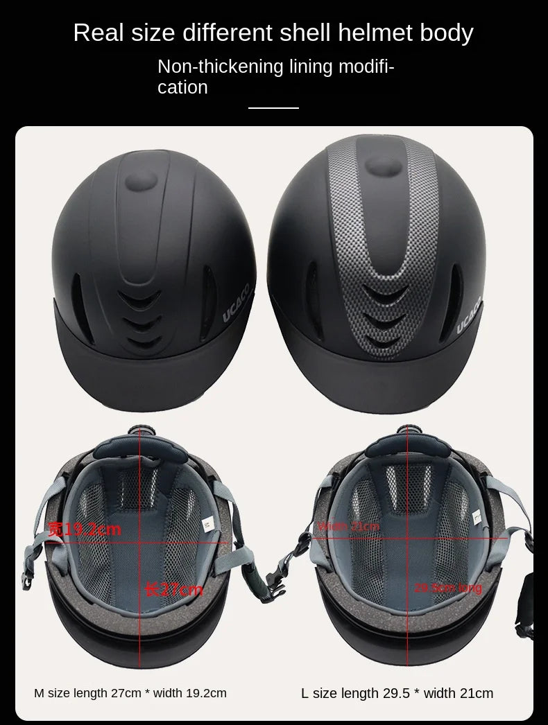 Black shell helmet body shown from top and bottom views with adjustable fit options