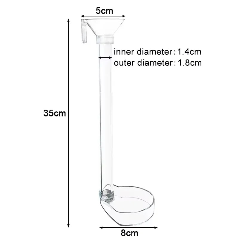 A clear, adjustable aquarium feeder with a transparent tube and a bowl, measuring 35cm in length.