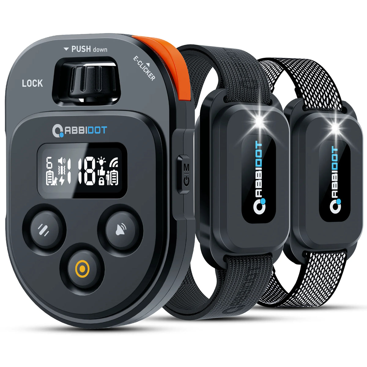 A black remote dog training collar with an e-clicker and a black strap is shown.