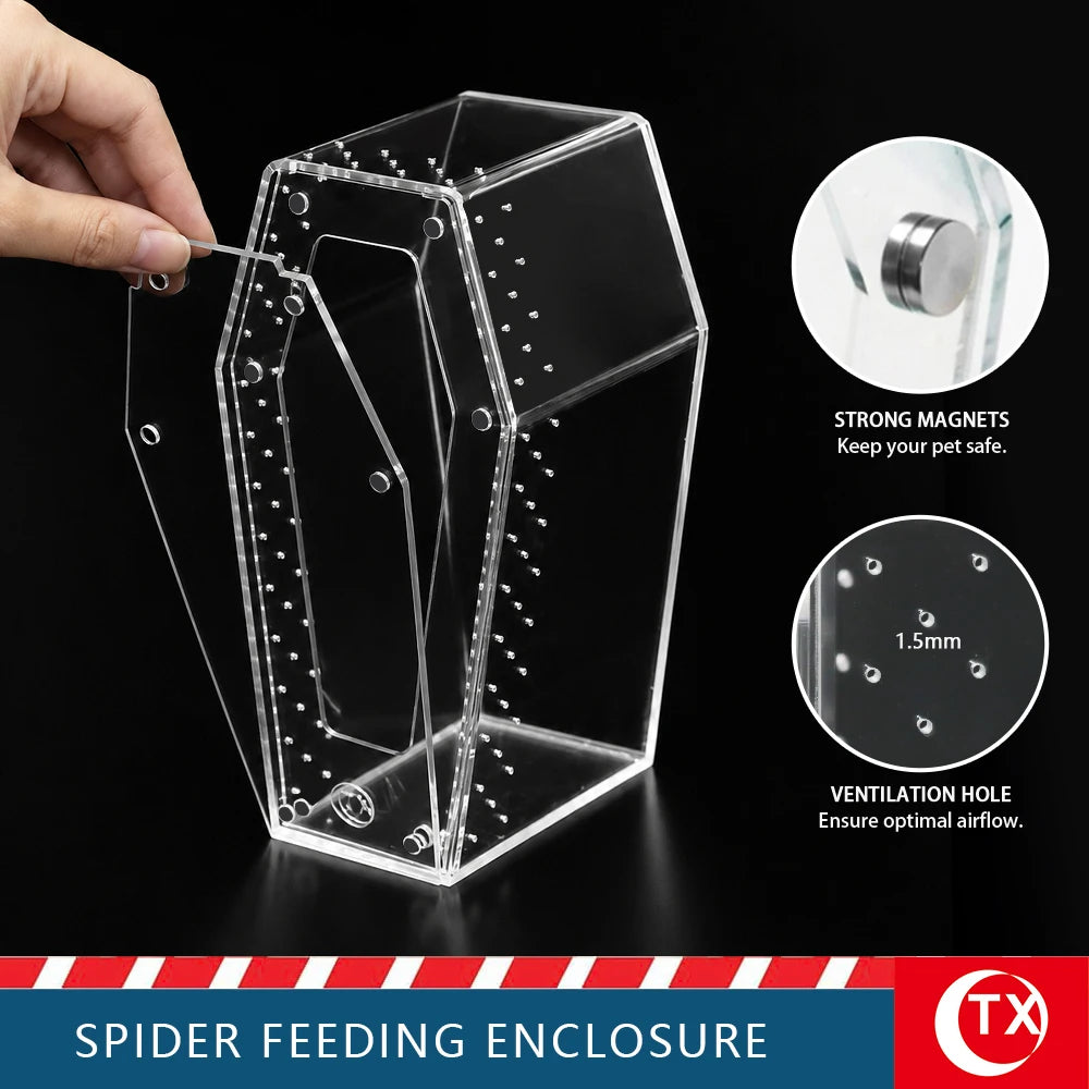 A clear acrylic spider feeding enclosure with strong magnets and a ventilation hole.