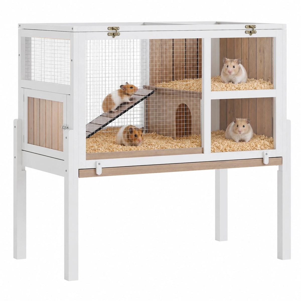 Wooden 2-Story Small Pet Cage with Stand, Ramp, and Hideout
