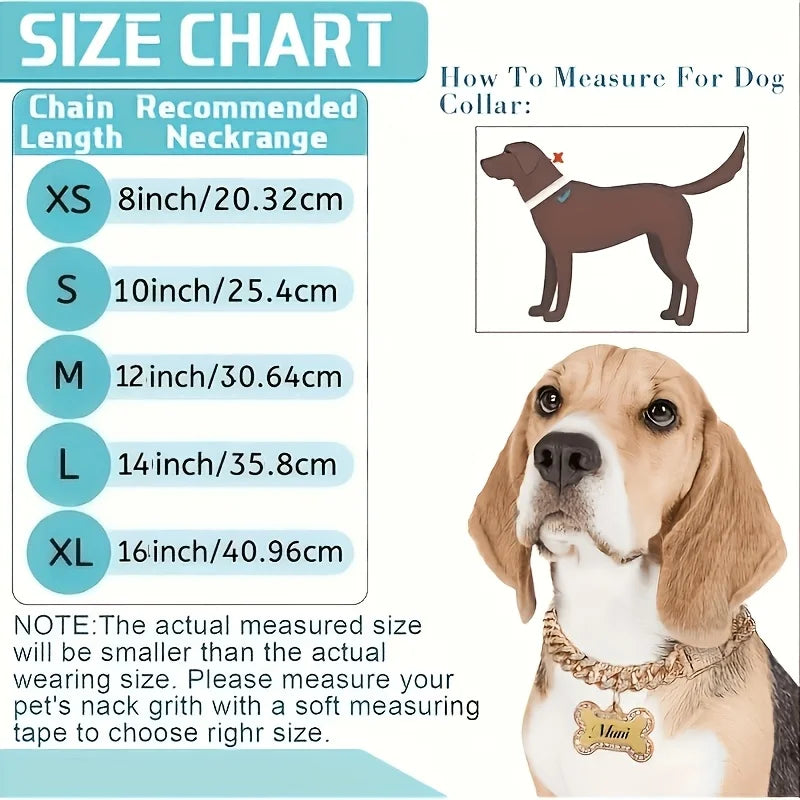 Size chart and example showing how to measure for a dog collar