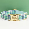 A light green plaid dog collar with a gold buckle and the name Luna Telephone engraved on it.
