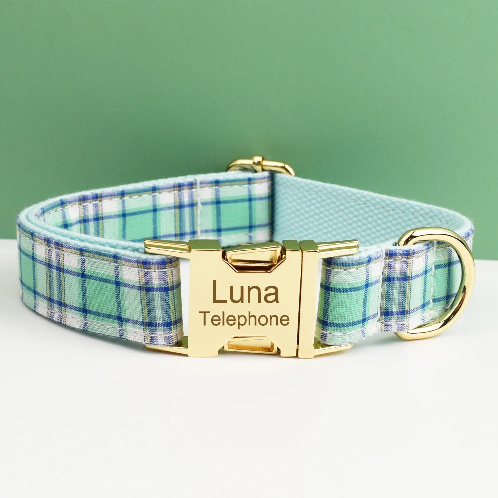 A light green plaid dog collar with a gold buckle and the name Luna Telephone engraved on it.