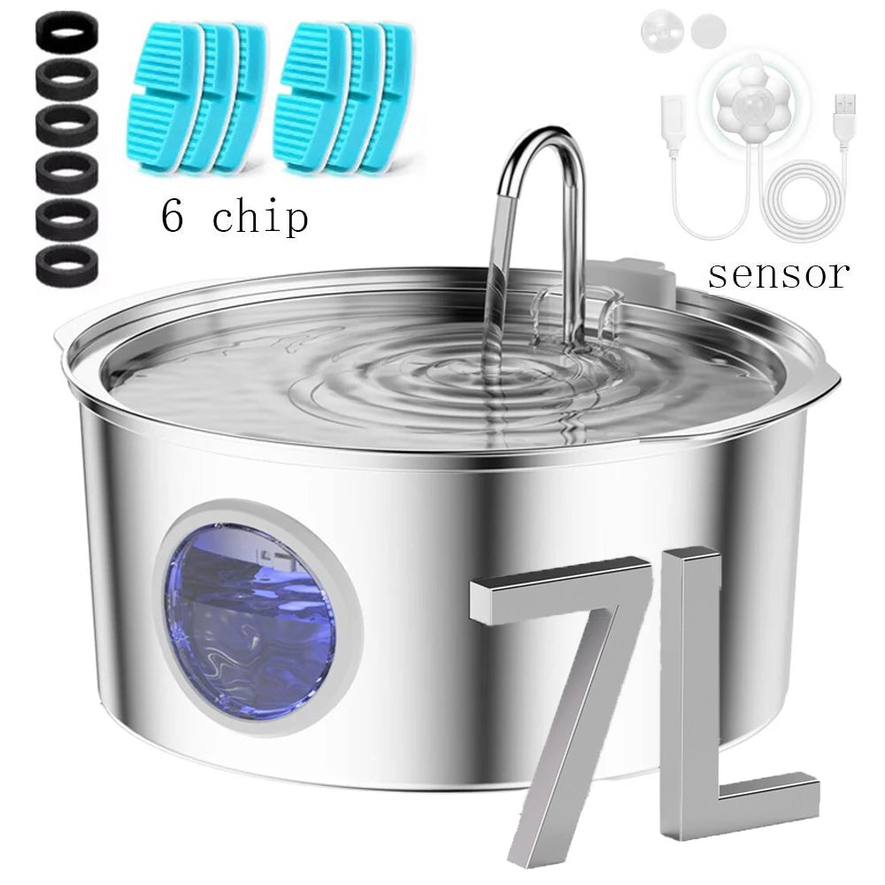 Ultra-Quiet 7L Stainless Steel Pet Water Fountain for Large Dogs & Cats