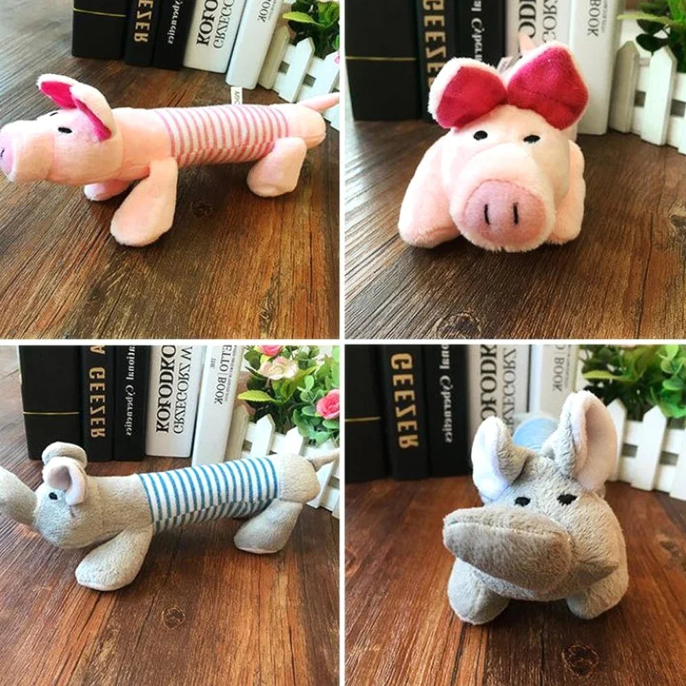 Three fleece squeaky pet toys shaped like an elephant, duck, and pig for dogs and cats